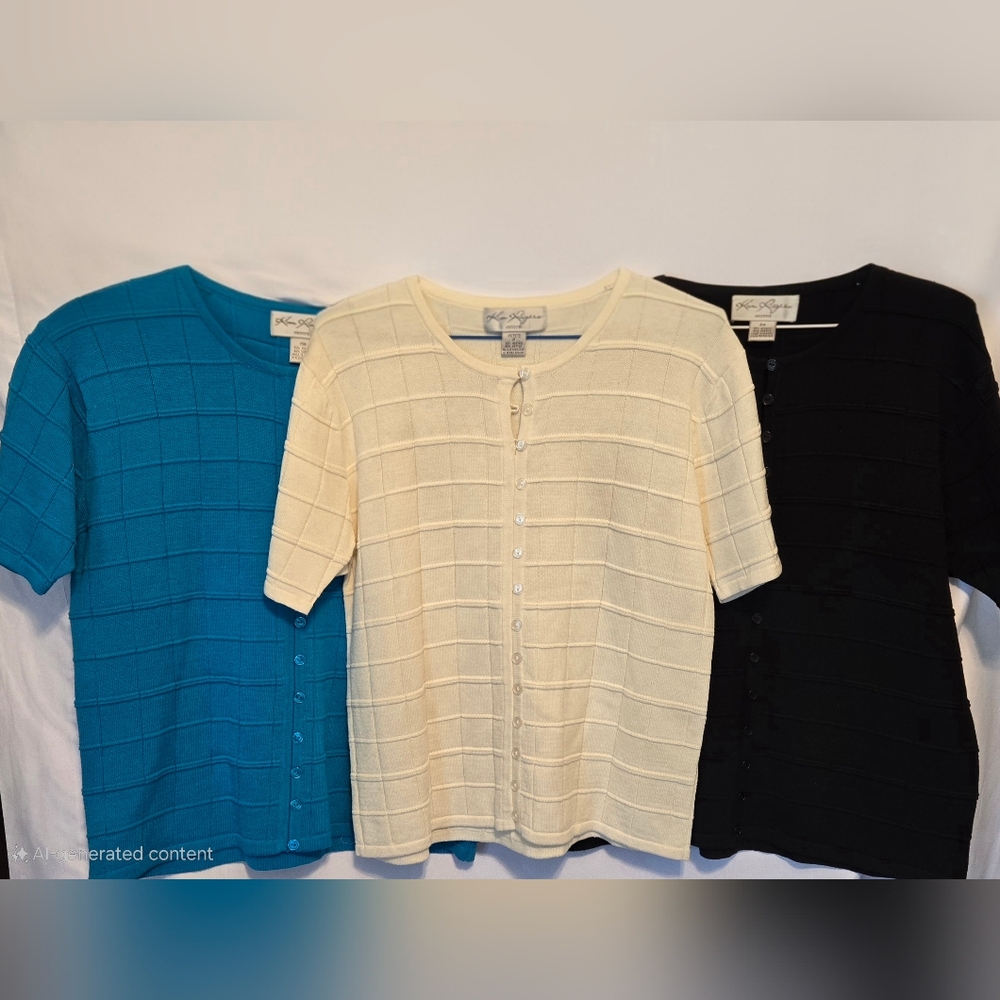 Blue and black, Cream  Knit Top, pull over with three open buttons at the top.
